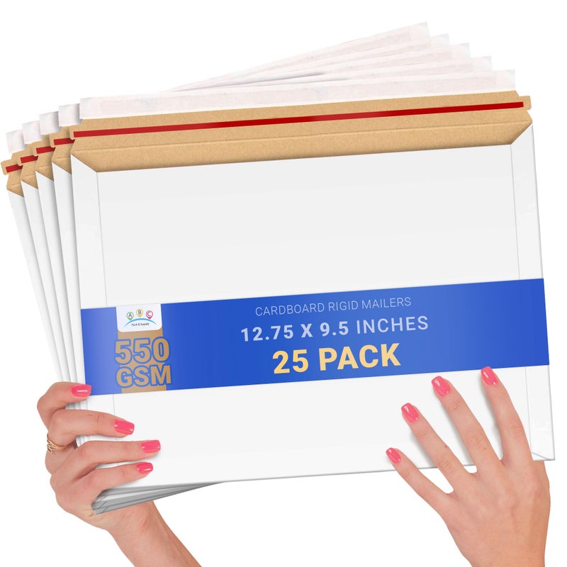 ABC PACK & SUPPLY White Rigid Mailers, 12.75 x 9.5 Inches. Pack of 25 Photo Mailer Envelopes. Flat Cardboard Mailers Self-Seal. Sturdy Cardboard Photo Envelope. Recyclable Hard Shipping Envelopes - Image 1